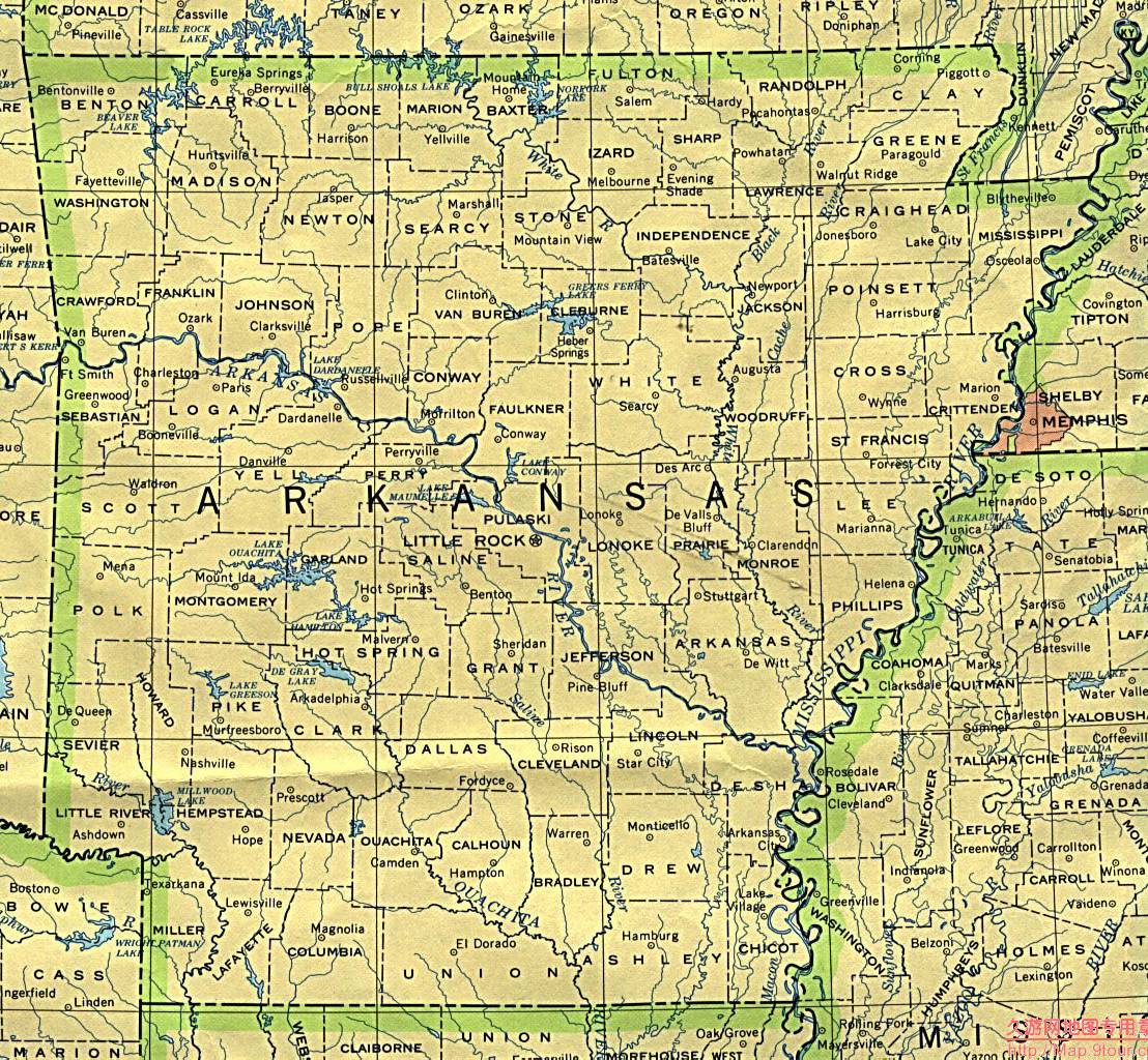 美国Arkansas州政区图,美国地图高清中文版
