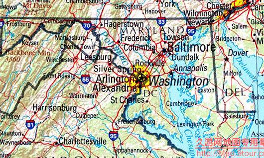美国Maryland&Delaware&Washington地区地形图,美国地图高清中文版